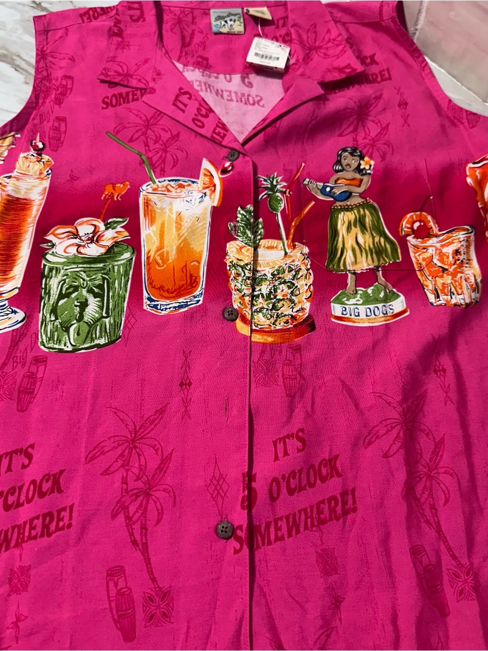 VTG 90s Big Dogs Button Front Top Womens L Pink Hawaiian Tropical Cocktails Tiki